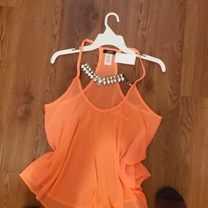 NWT Orange Ruffle Cami Top - L - Rhinestone Neck Summer Festival Boho Dopamine